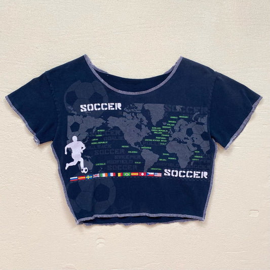 Upcycled Soccer Globe Graphic Crop Baby Tee, Size XS