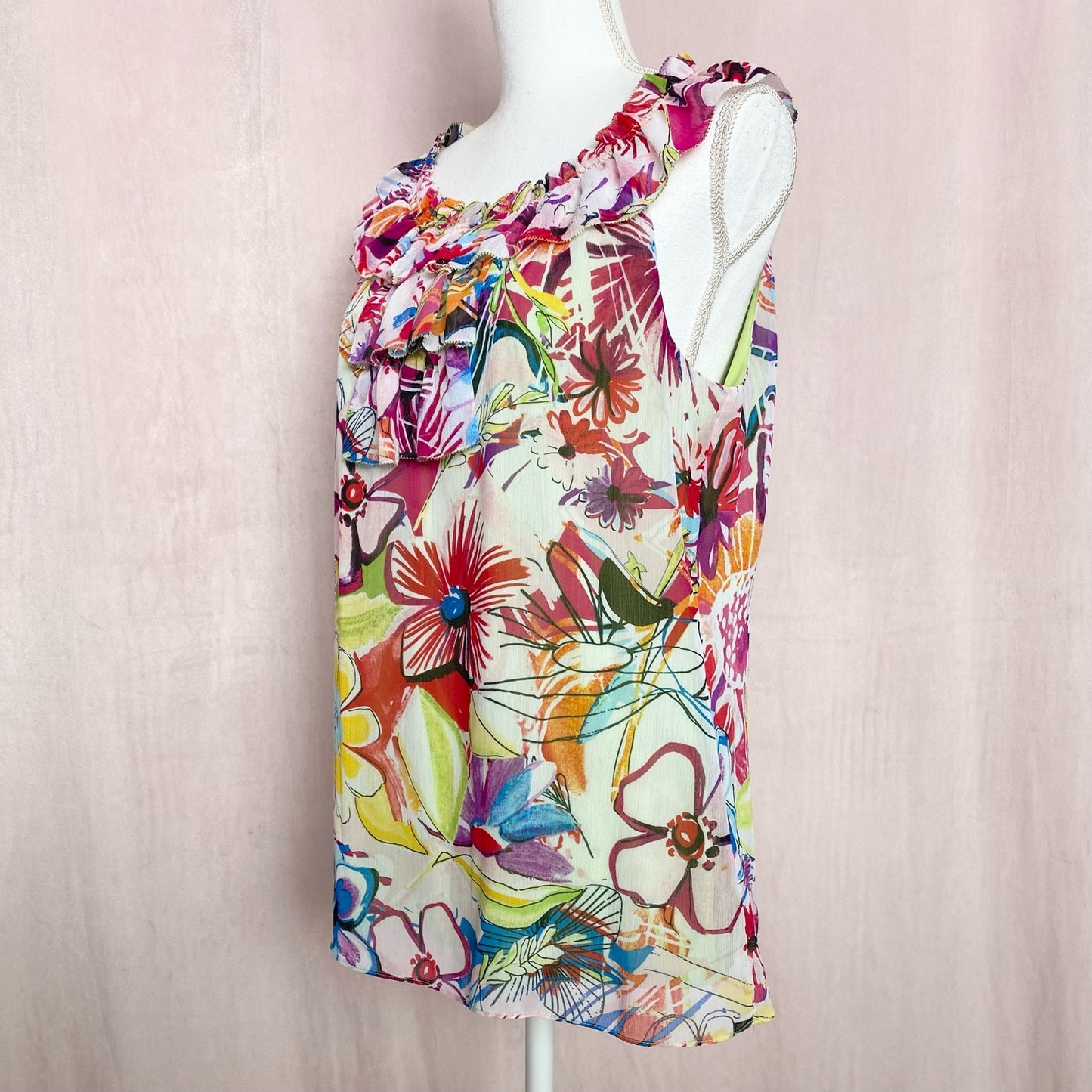 Secondhand Spense Colorful Floral Ruffle Sleeveless Blouse, Size Large