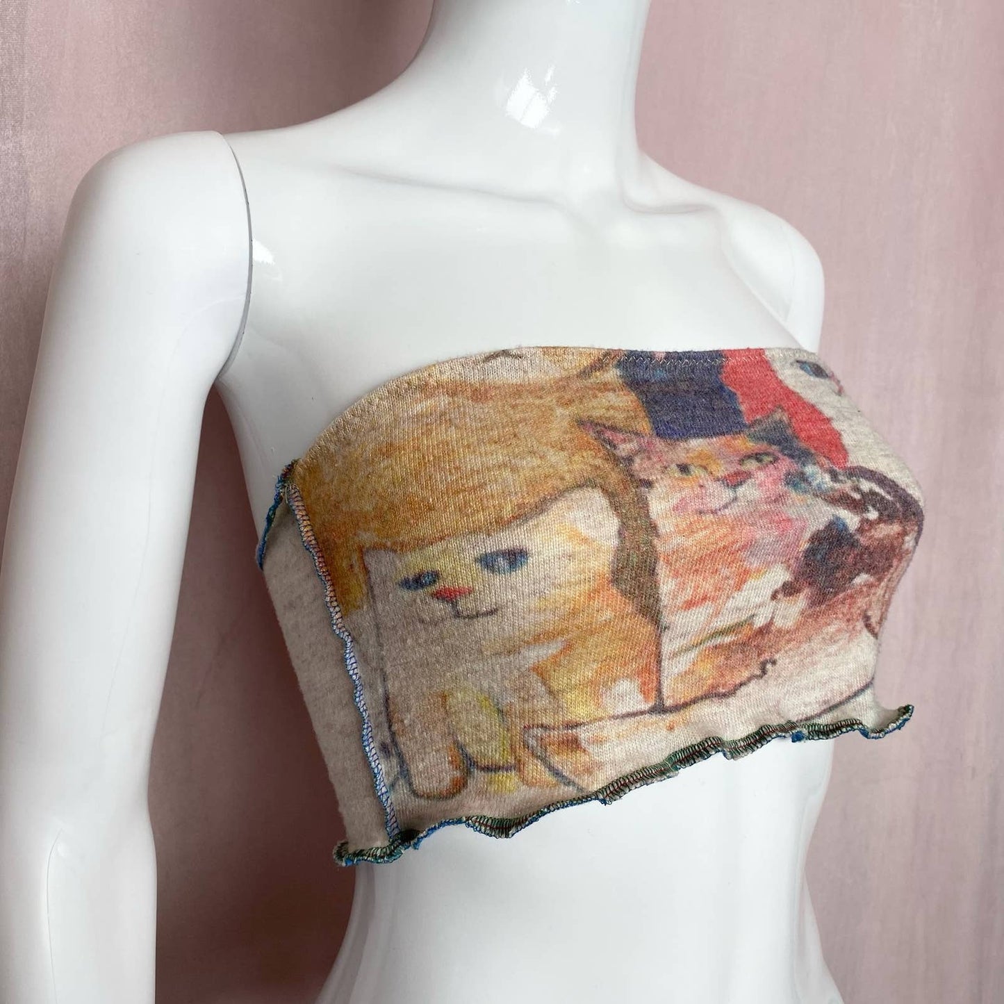 Upcycled Knit Cats Crop Tube Top, Size S/M
