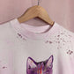Reworked Cat Wine Distressed Pink Tee, Size Medium