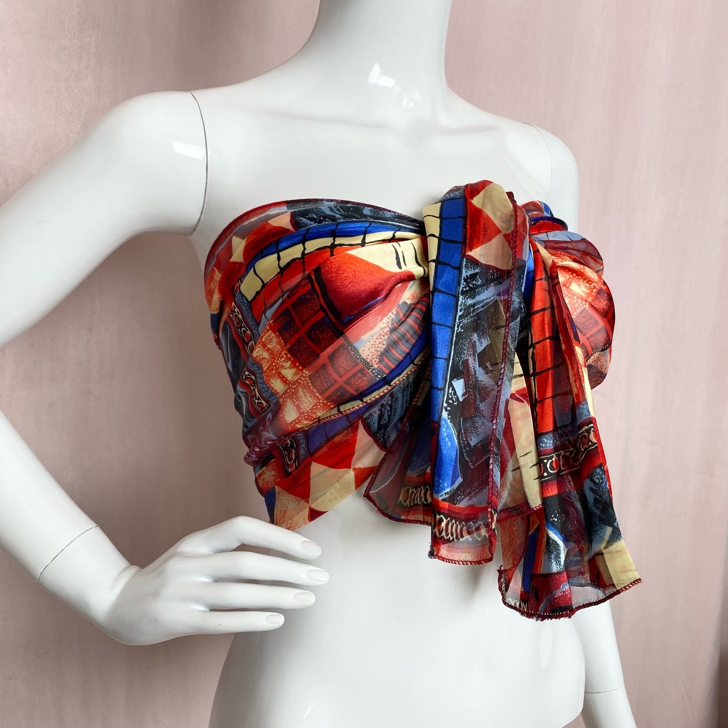 Secondhand Sheer Satin Red Blue Cream Abstract Scarf Top