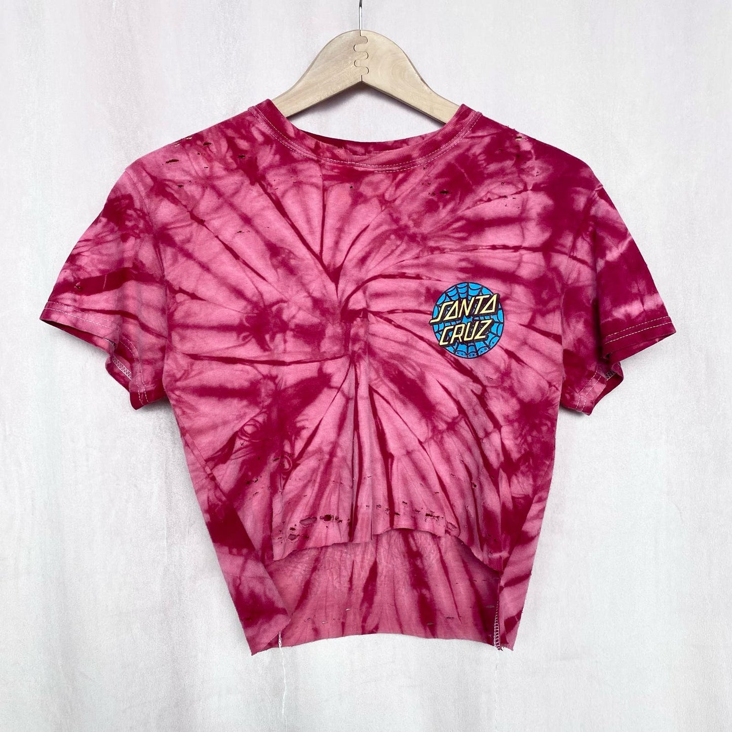 Upcycled Y2K Santa Cruz Skateboards Skull Tie Dye Distressed Crop Tee, Size S/M