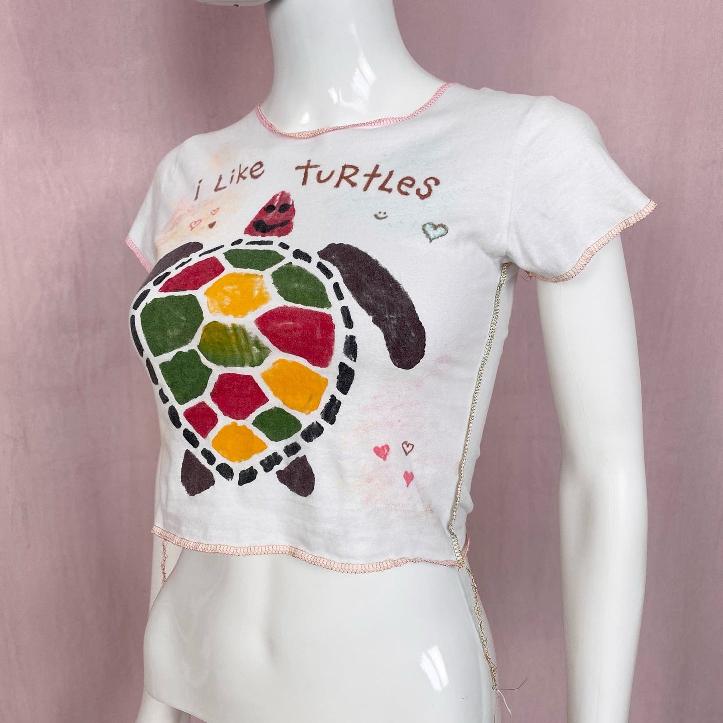 Upcycled I Like Turtles Graphic Crop Baby Tee, Size XS
