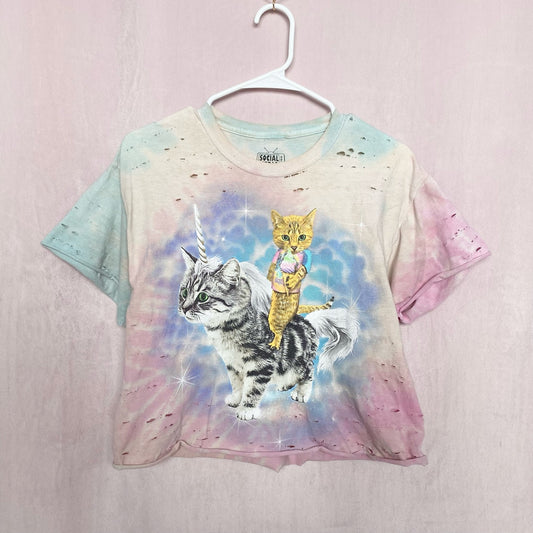 Upcycled Cat Unicorn Distressed Tie Dye Crop Tee, Size Medium