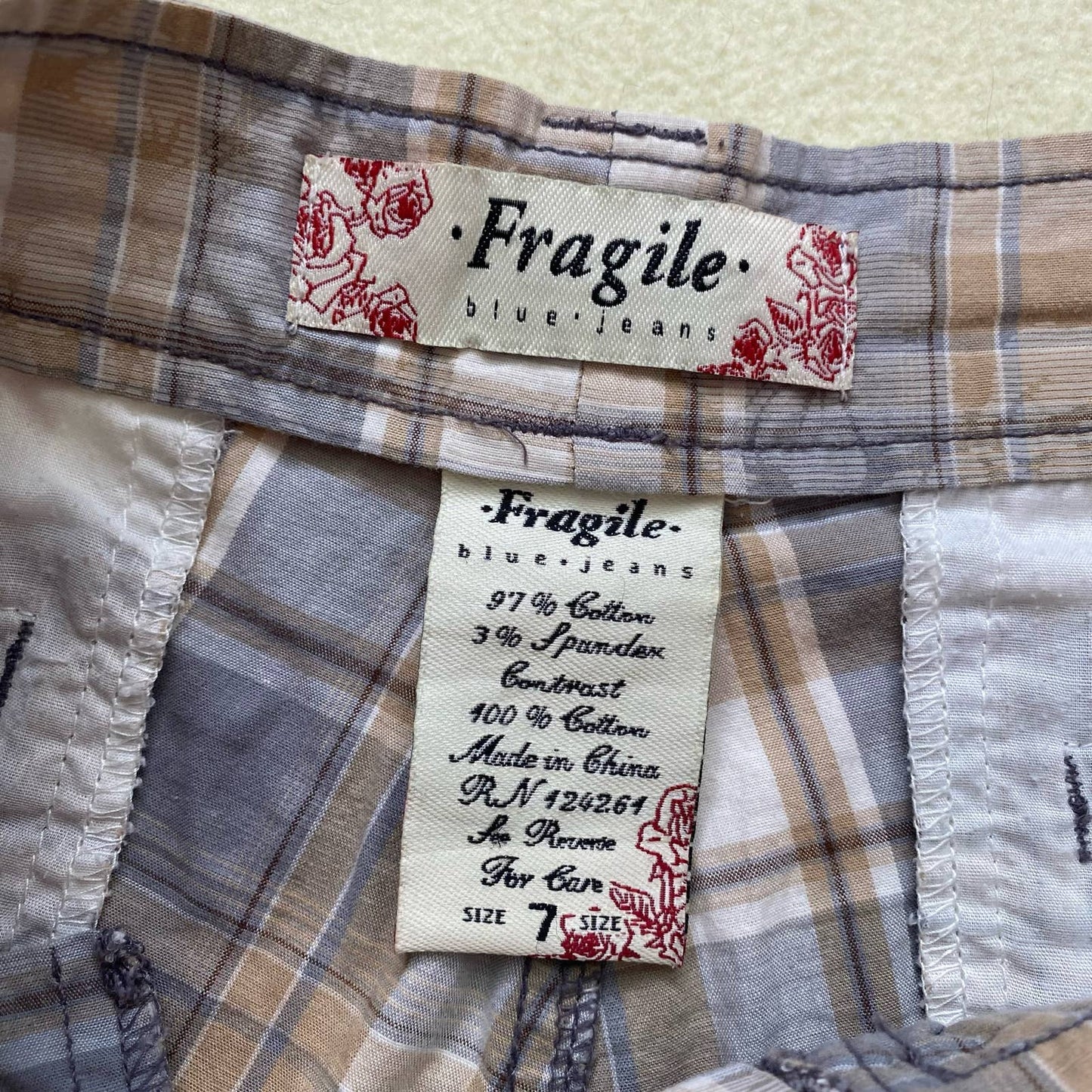 Y2K Fragile Plaid Floral Low Rise Shorts, Size 7