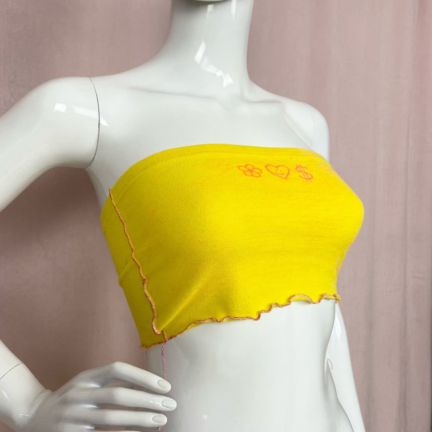 Scrap Fabric Flower Heart Money Yellow Tube Top, Size XS