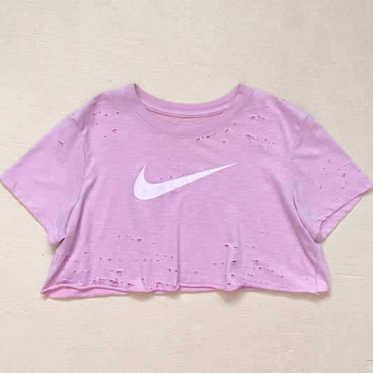 Reworked Nike Swoosh Pink Distressed Crop Tee, Size Large