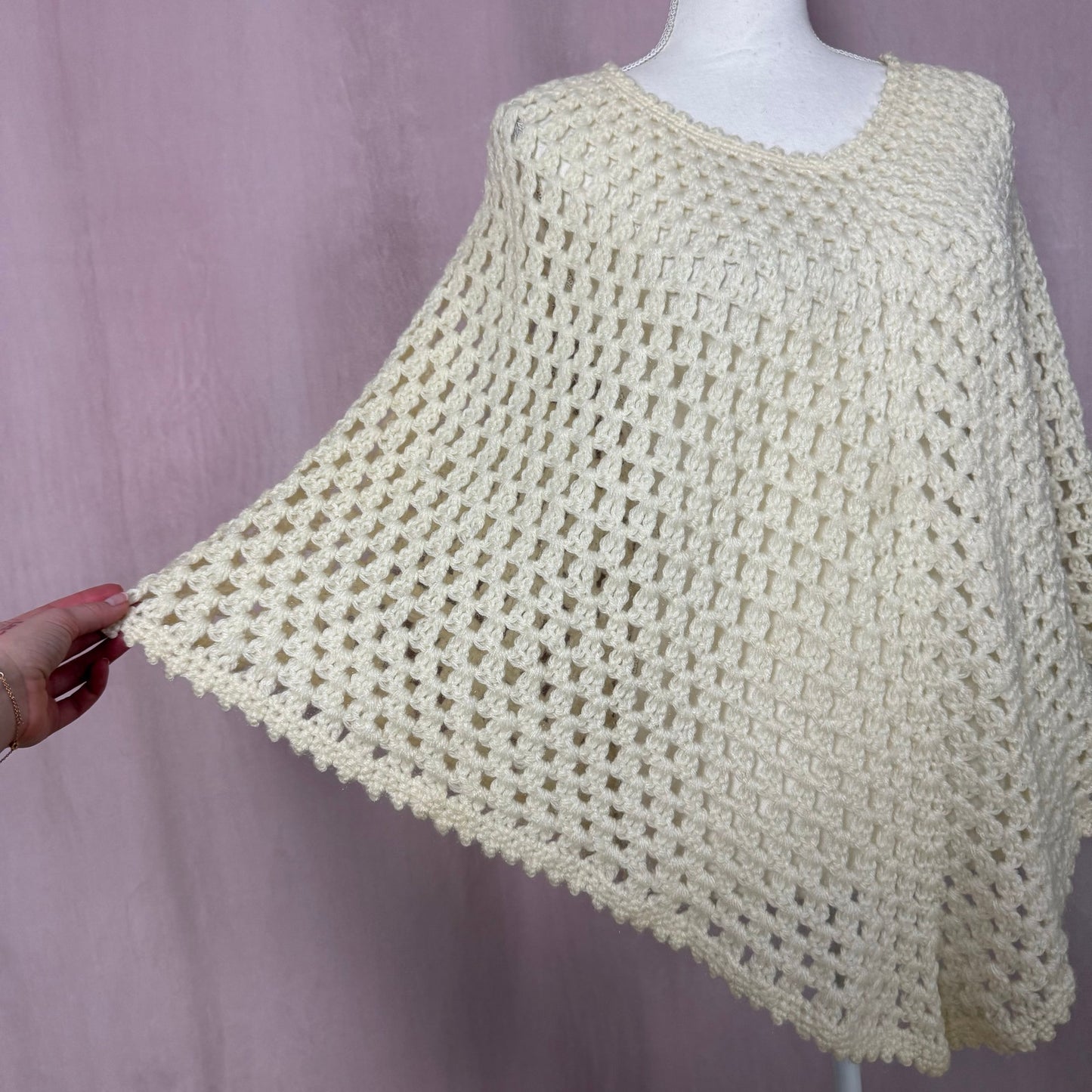 Vintage Handmade Cream Crochet Knit Poncho, One Size