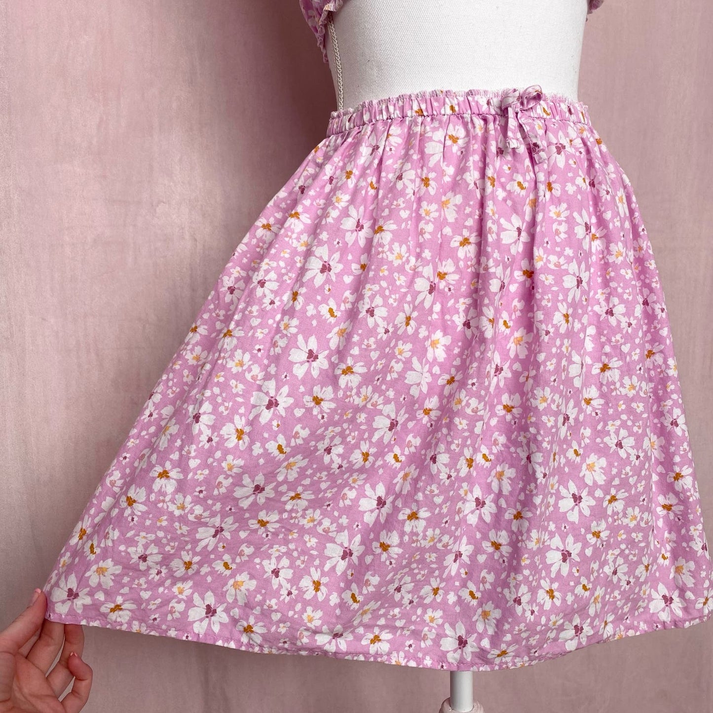 Upcycled Pink Floral Linen Blend Crop Top & Skirt Set, Size XS