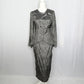 Vintage 80s True Wit Skirt Suit Set Gray Satin Geometric Print, Size 5/6