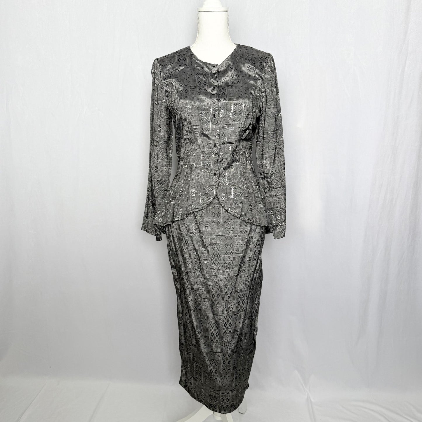 Vintage 80s True Wit Skirt Suit Set Gray Satin Geometric Print, Size 5/6