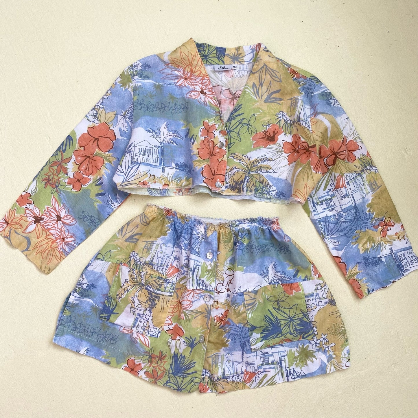 Upcycled Vintage Linen Blend Tropical Button Up Skirt Set, Size Small