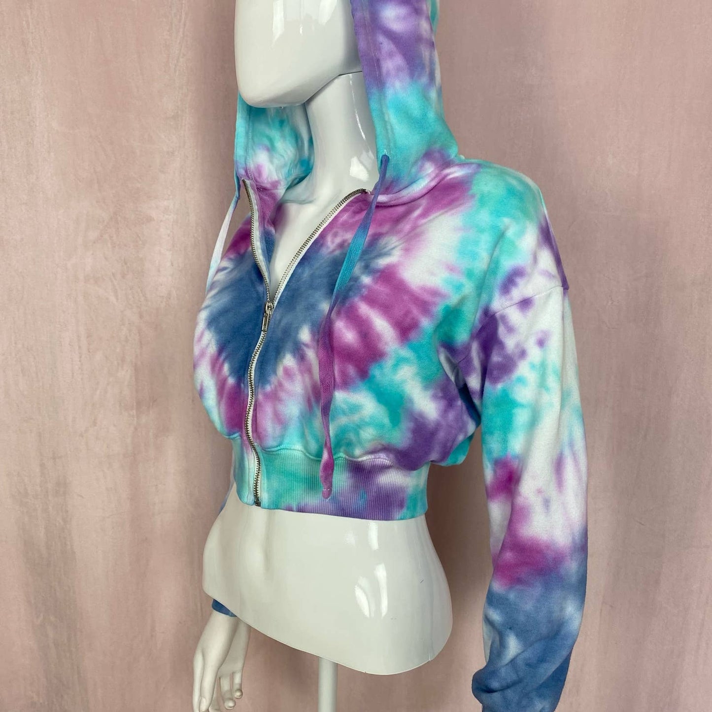 Upcycled Forever 21 Heart Tie Dye Crop Zip Hoodie, Size Small