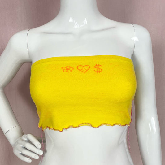 Scrap Fabric Flower Heart Money Yellow Tube Top, Size XS