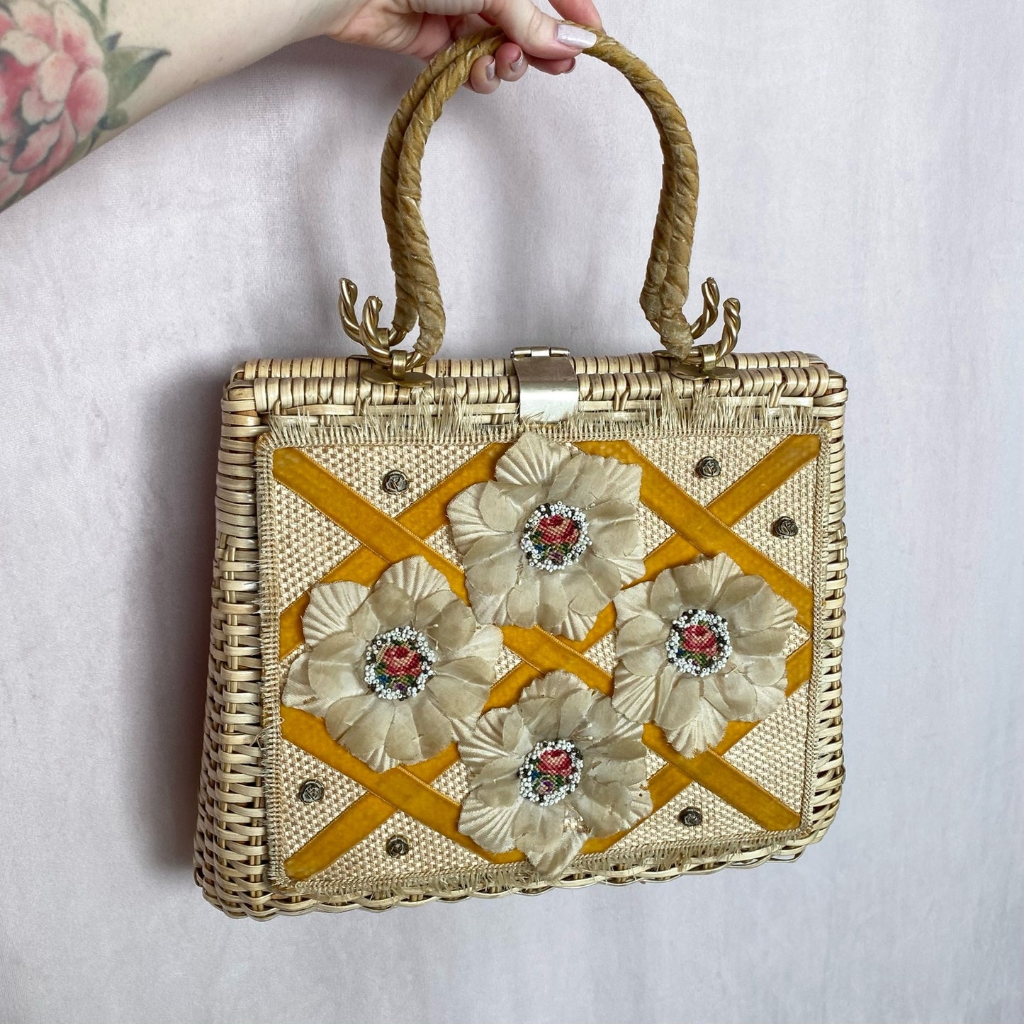 Vintage Wicker Basket Floral Beaded Handbag