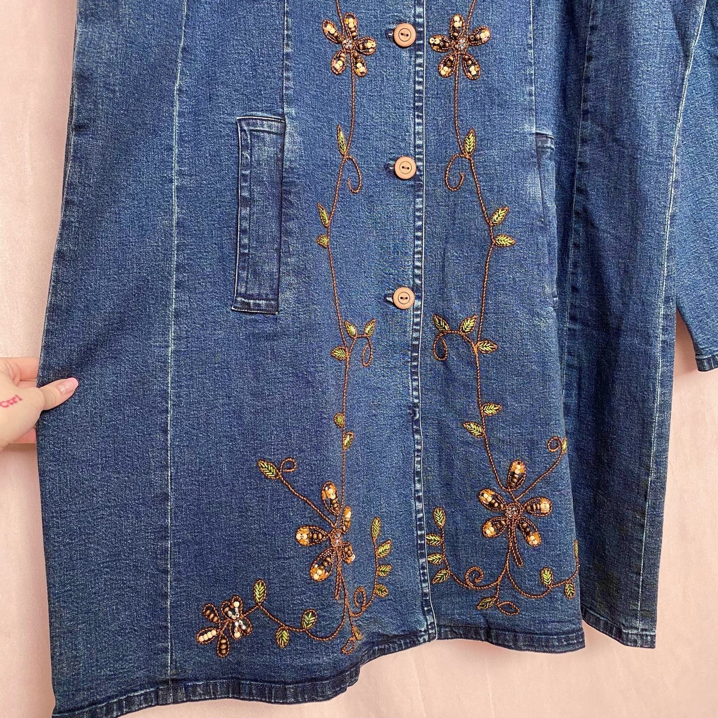 Vintage Maggie Sweet Beaded Denim Trench Jacket, Size 2X