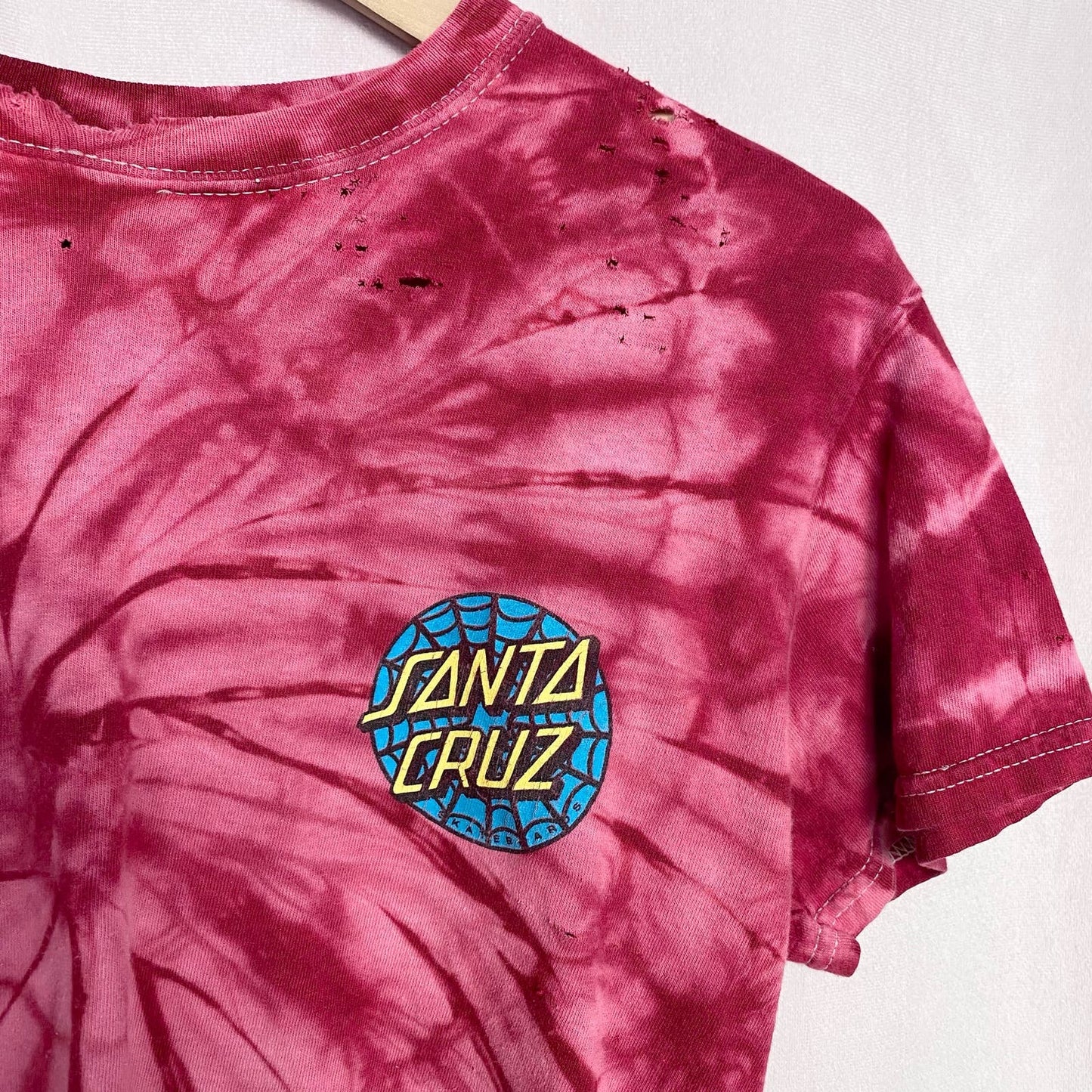 Upcycled Y2K Santa Cruz Skateboards Skull Tie Dye Distressed Crop Tee, Size S/M