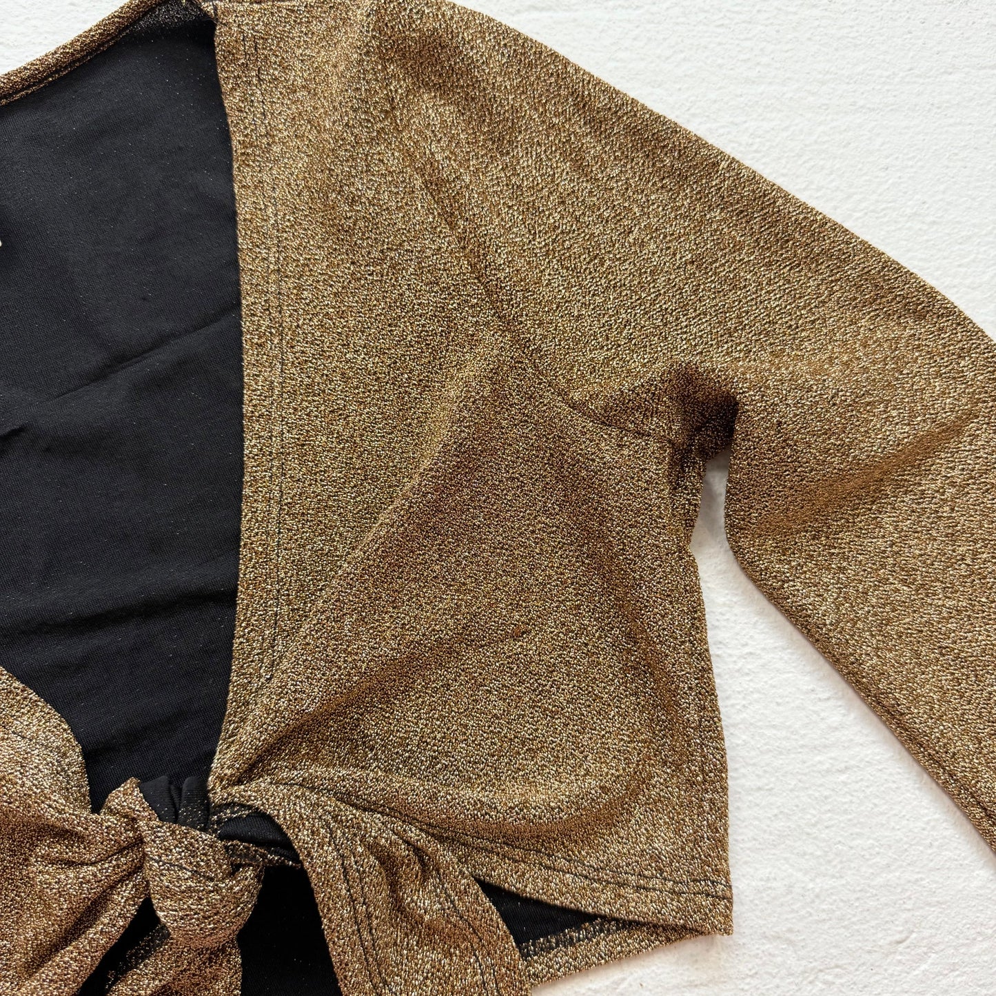 Y2K Sparkly Gold Tie Front Crop Top Shrug Feather Trim, Size Small