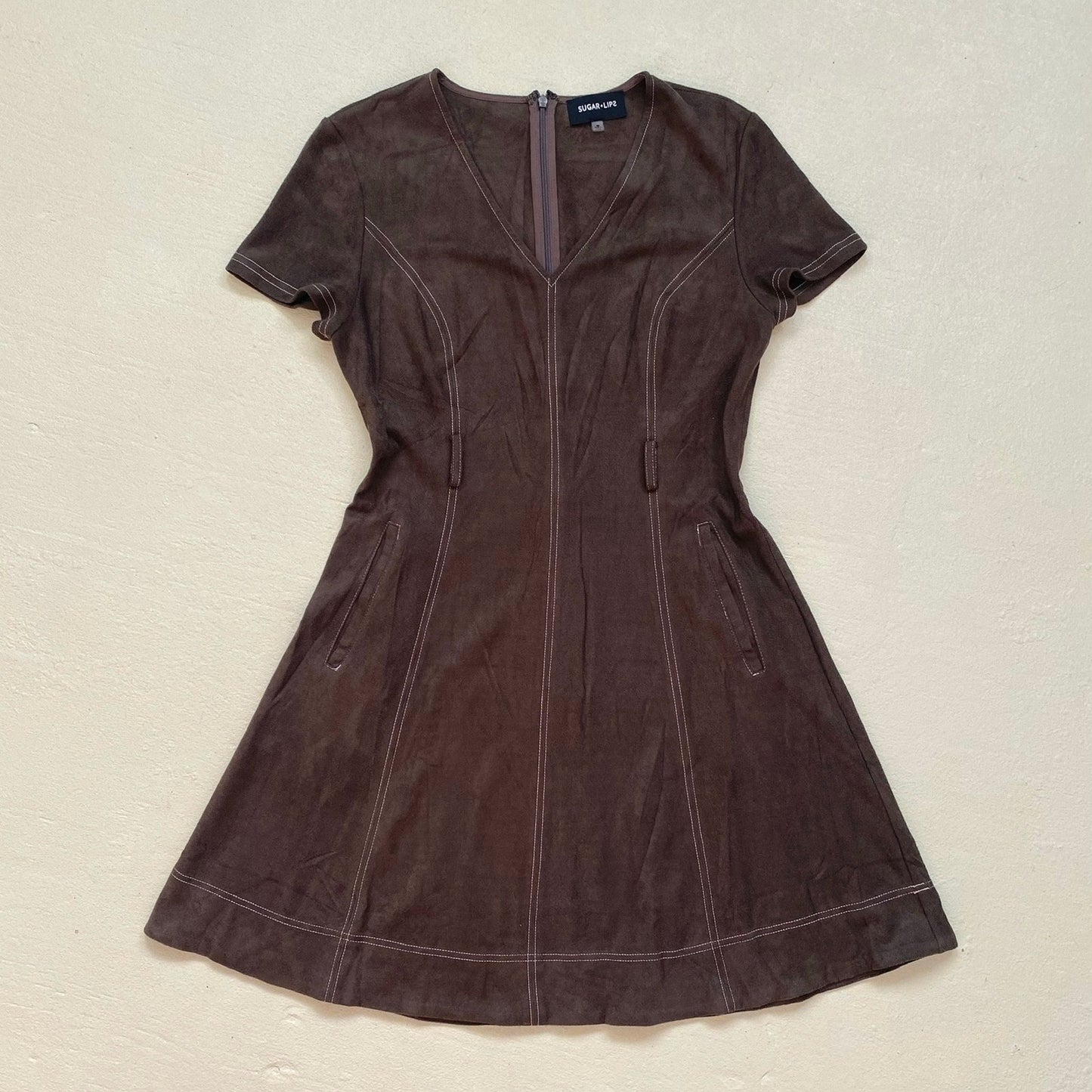 Secondhand Sugar Lips Brown Faux Suede Mini Dress, Size Medium