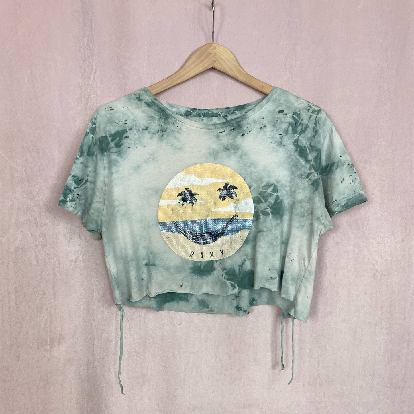 Upcycled Roxy Distressed Tie Dye Crop Smiley Tee, Size Medium