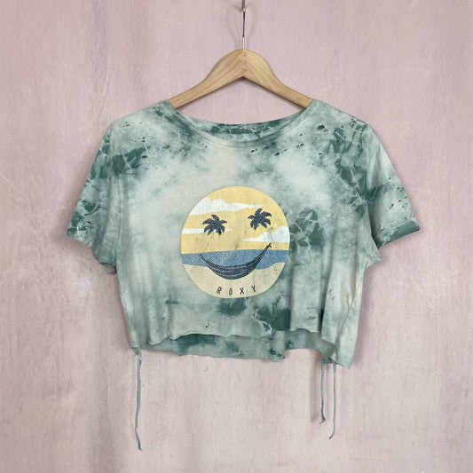 Upcycled Roxy Distressed Tie Dye Crop Smiley Tee, Size Medium