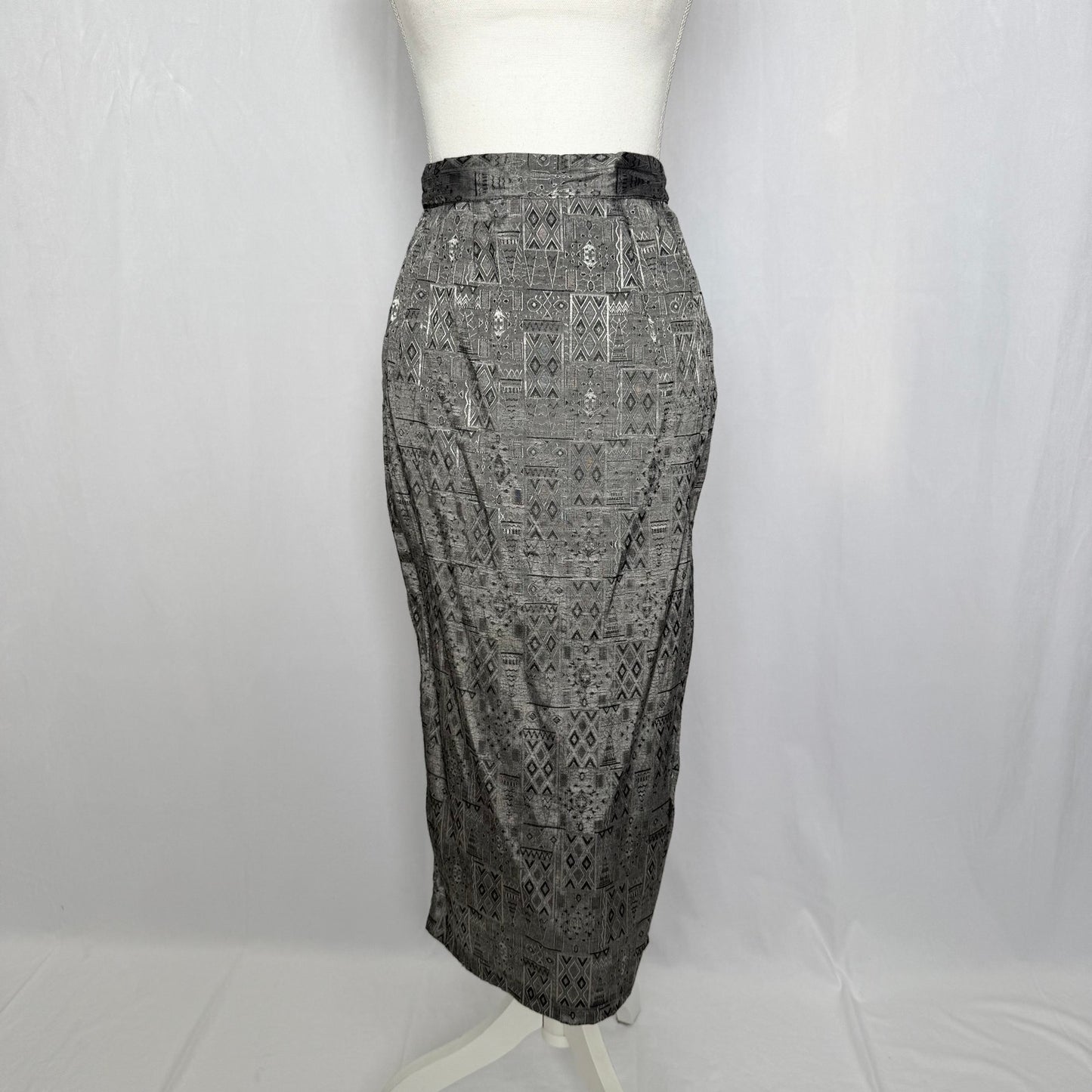 Vintage 80s True Wit Skirt Suit Set Gray Satin Geometric Print, Size 5/6