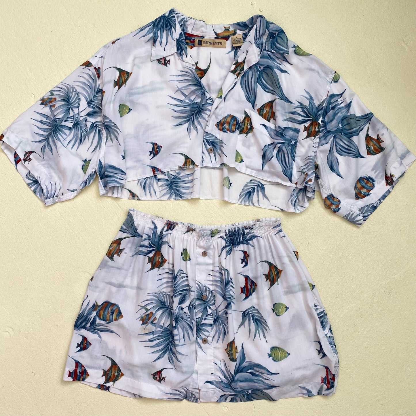 Upcycled Vintage Fish Print Button Two Piece Skirt Set, Size M/L