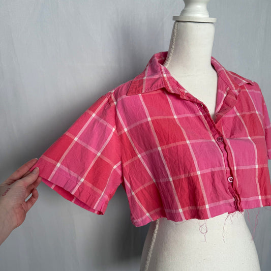 Upcycled Vintage Citicraze Pink Plaid Cropped Button Up Shirt, Size Large