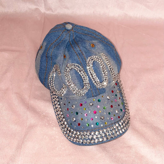 Upcycled COOL Rhinestone Denim Cap Hat
