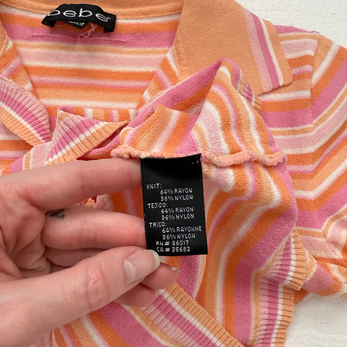 Y2K Bebe Pink Orange Ribbed Stripe Polo Top, Size Medium