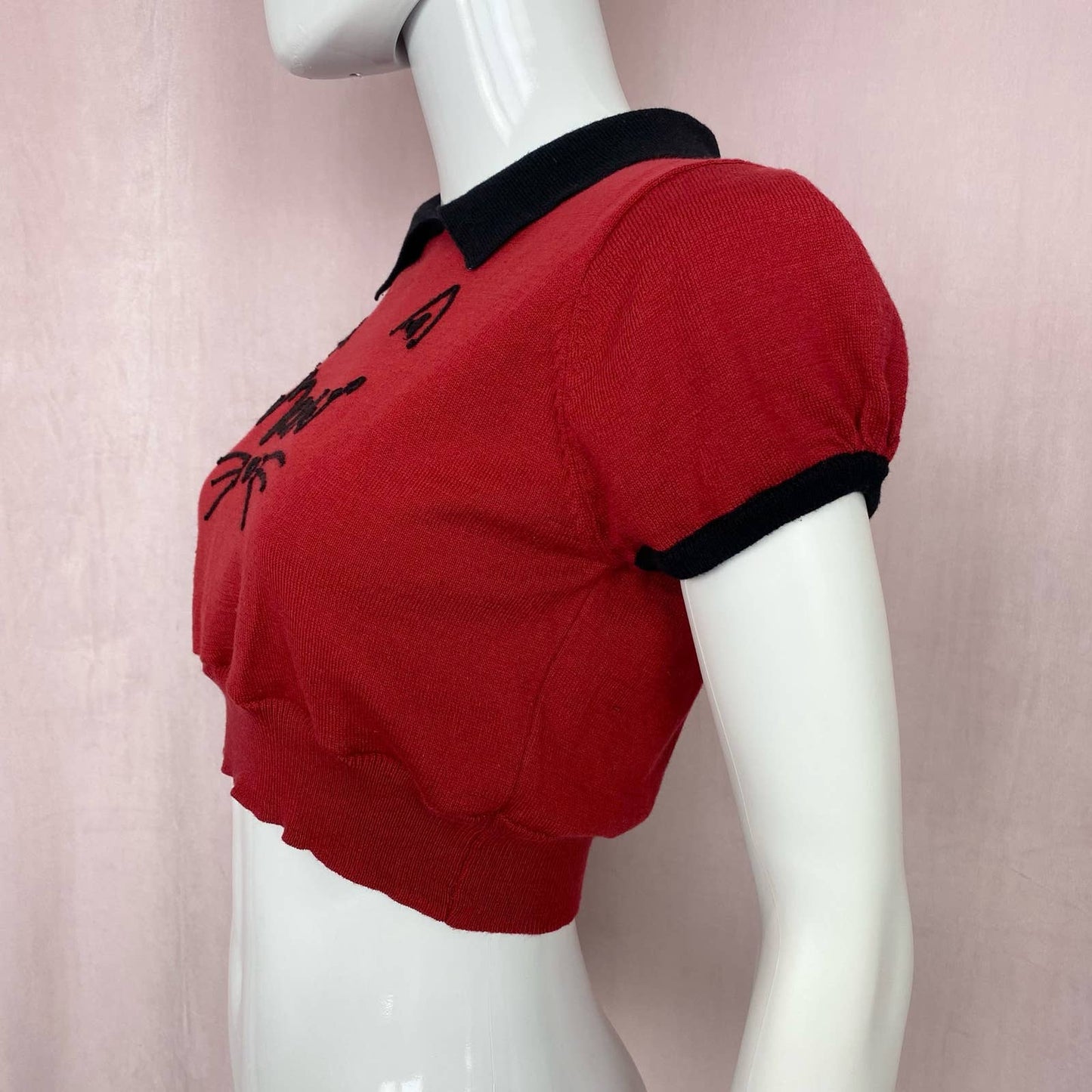 Reworked Meow Cat Short Sleeve Crop Sweater, Size Medium