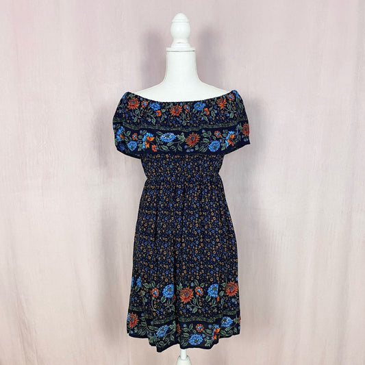 Secondhand Off Shoulder Boho Floral Swing Mini Dress, Size Small