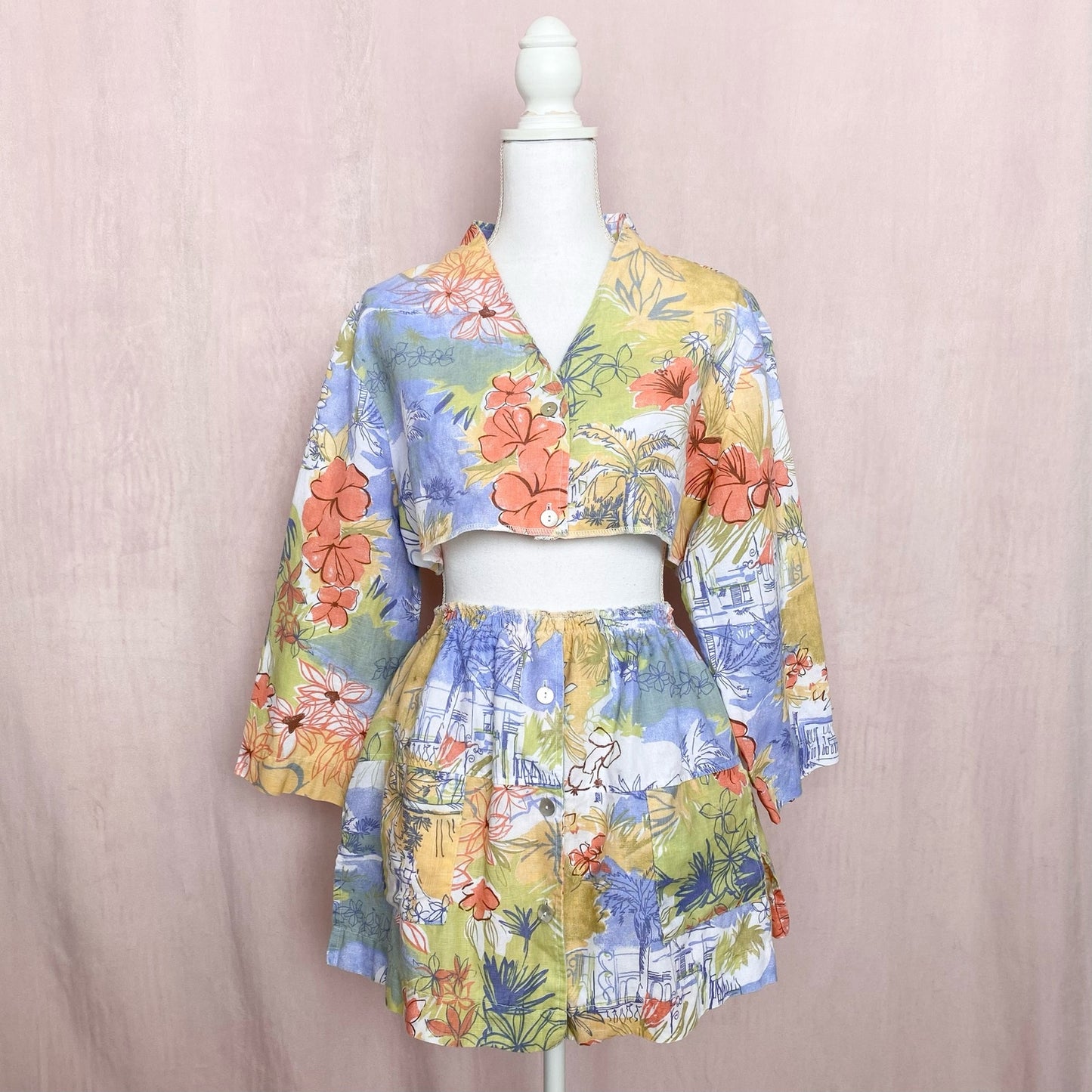 Upcycled Vintage Linen Blend Tropical Button Up Skirt Set, Size Small