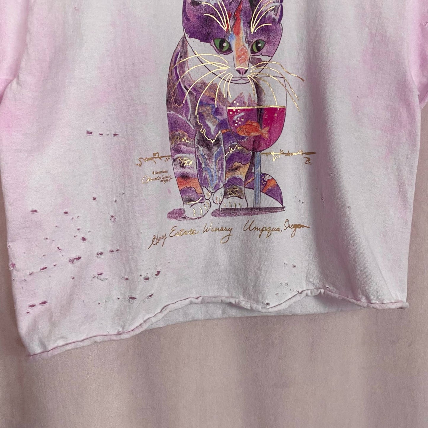 Reworked Cat Wine Distressed Pink Tee, Size Medium