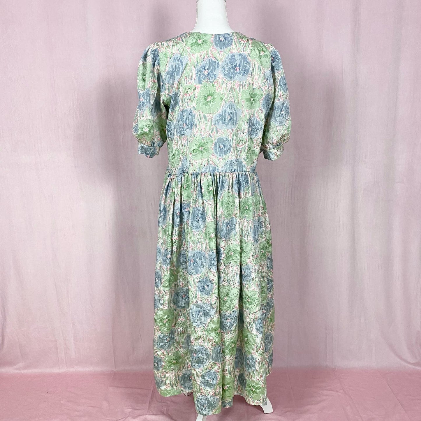 Vintage Handmade Satin Floral Puff Sleeve Maxi Dress