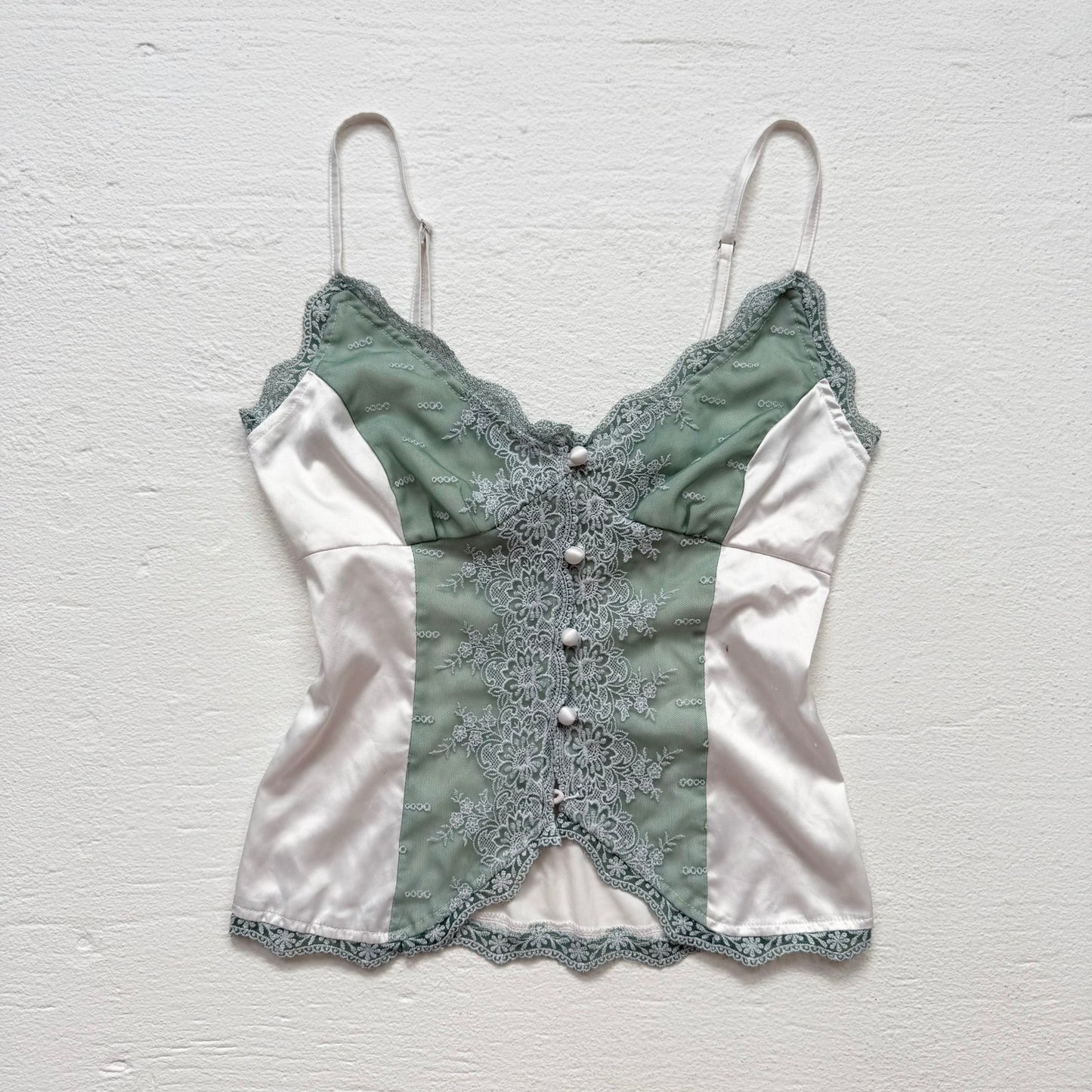 Secondhand Princess Polly Mint Green Satin Lace Button Cami Top, Size 4