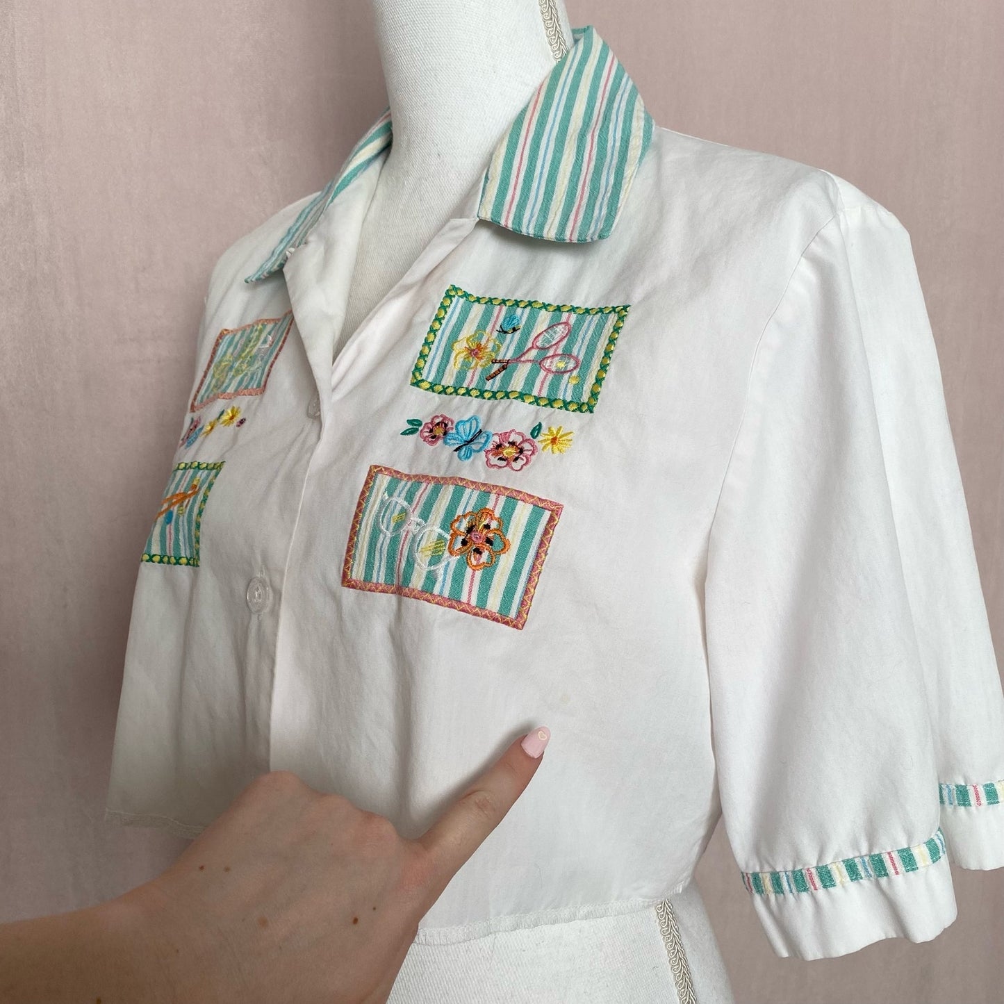 Upcycled Vintage Embroidered Crop Button Up Shirt, Size Large