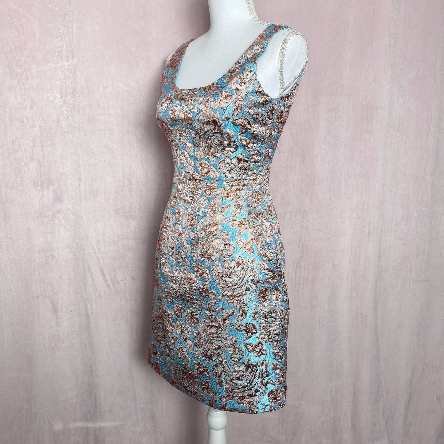 Secondhand Aqua Metallic Rose Gold Blue Floral Formal Dress, Size 0