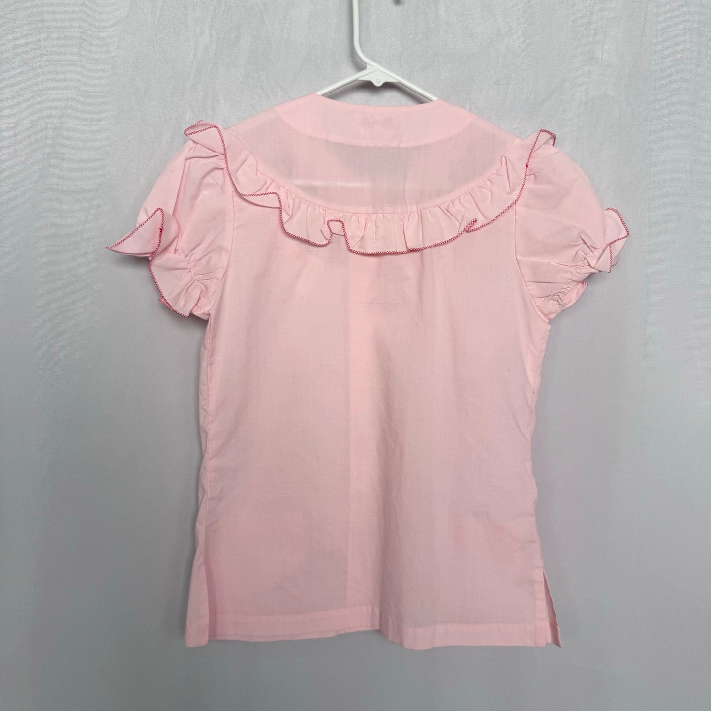 Vintage Pink Embroidered Ruffle Button Up Top, Size Small