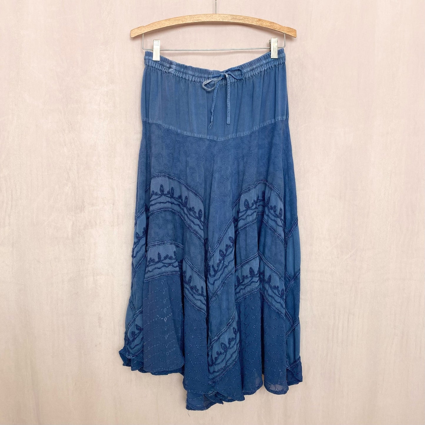 Vintage Boho Hippie Blue Tiered Asymmetrical Midi Skirt, "Free Size"
