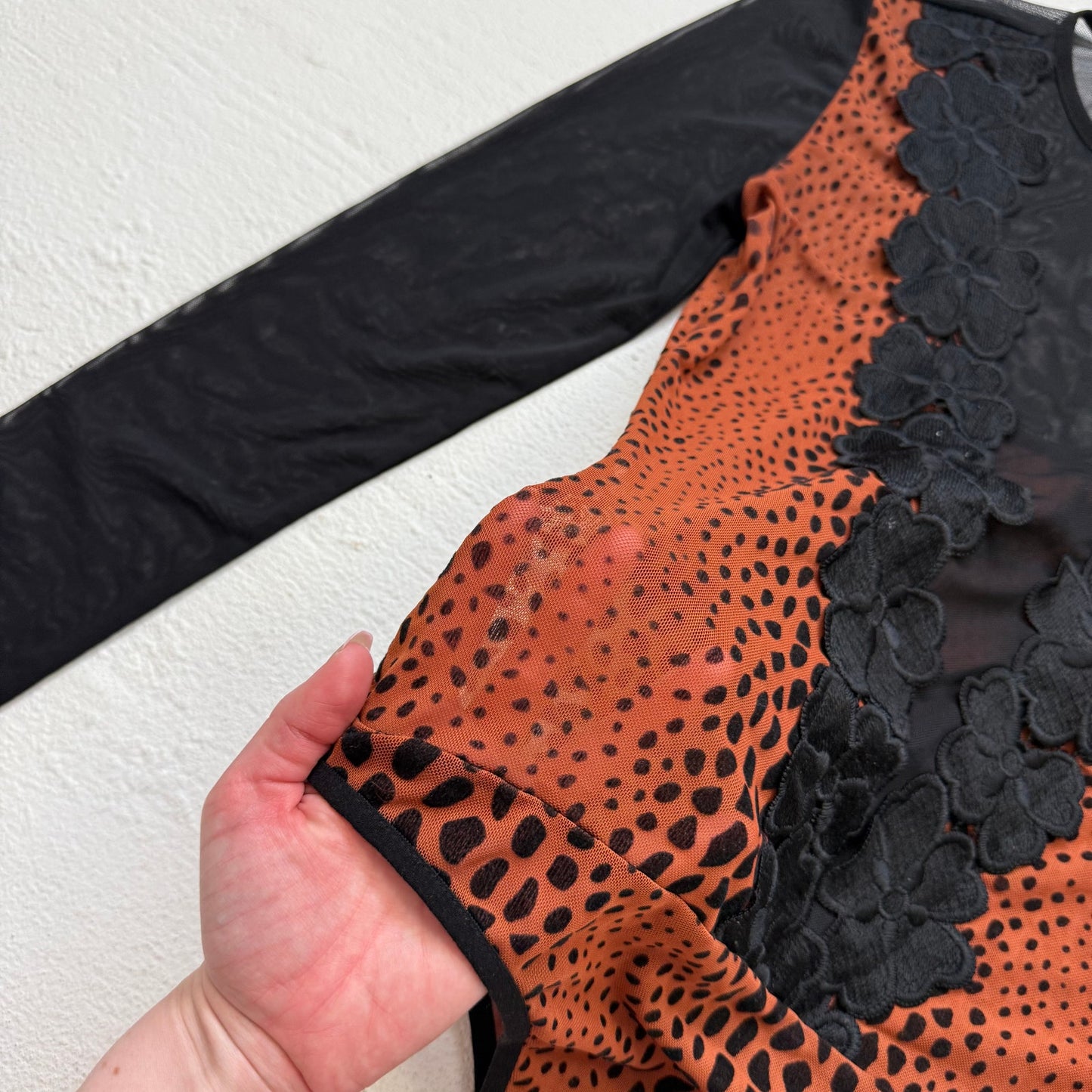 Y2K Deco Style Mesh Velvet Animal Print Bodysuit, Size Medium