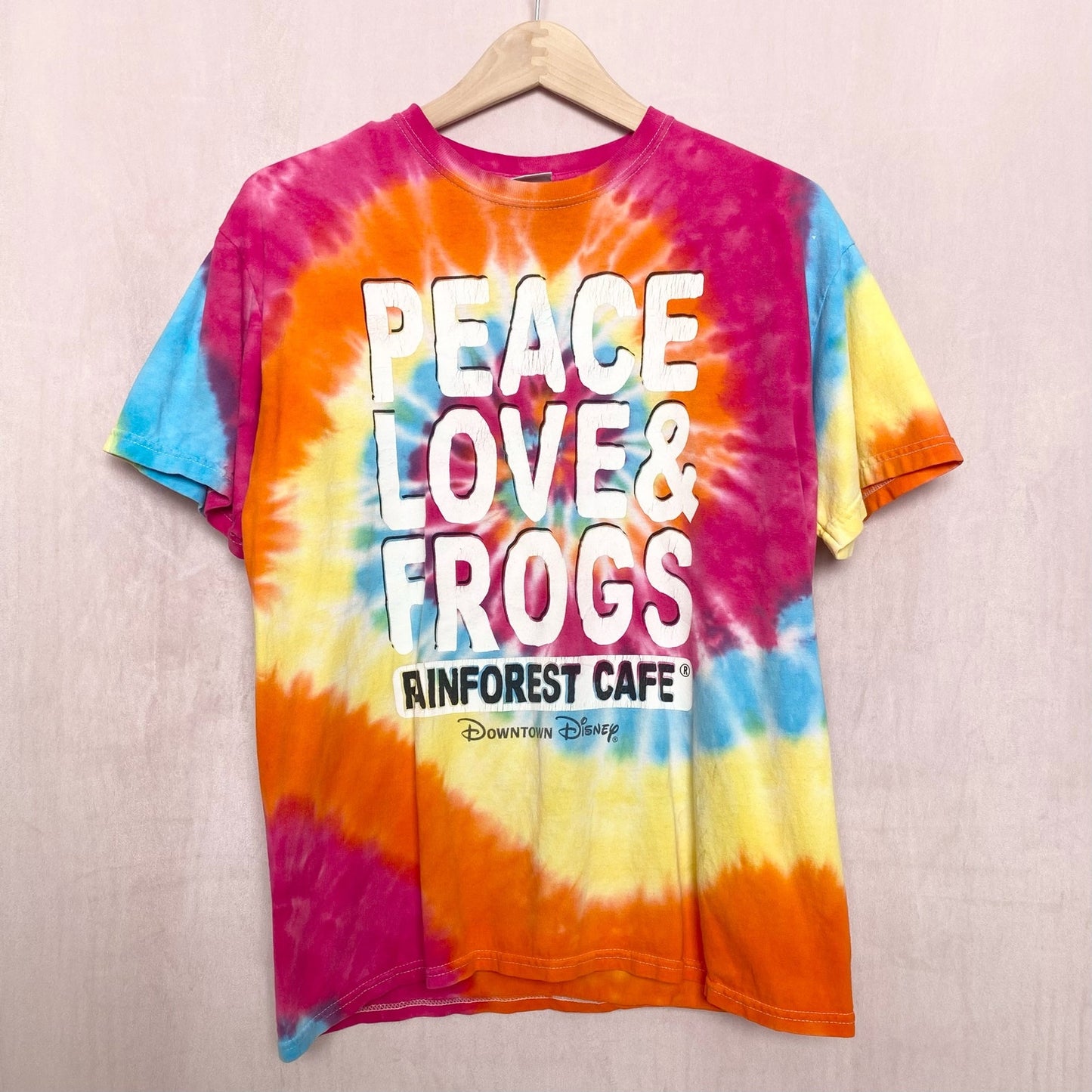 Y2K Rainforest Cafe Disney Peace Love Frogs Tie Dye T-Shirt, Size Medium