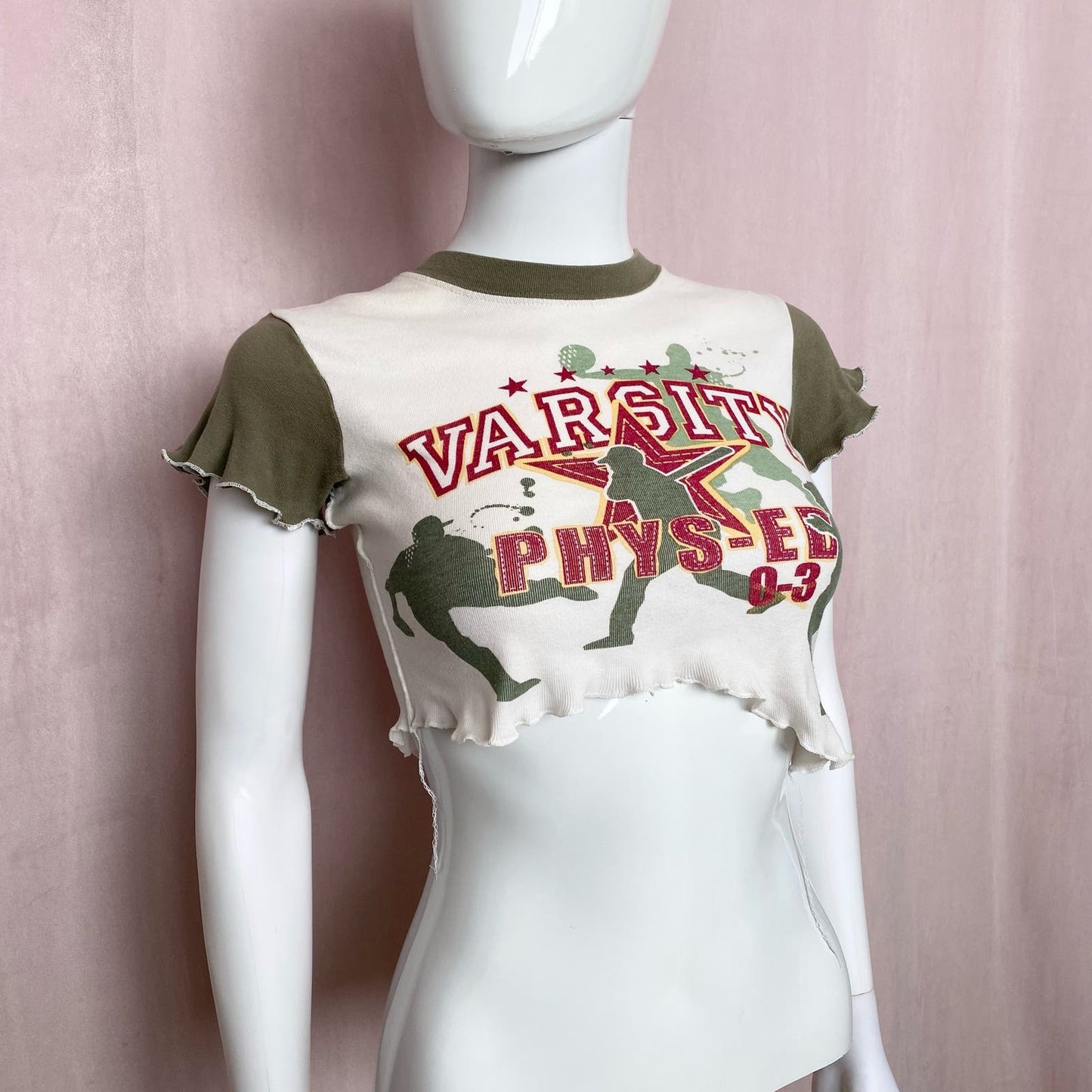Upcycled Varsity Graphic Asymmetrical Crop Baby Tee, Size Small