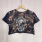 Reworked Fifth Sun Floral Skull Distressed Crop Tee, Size Medium