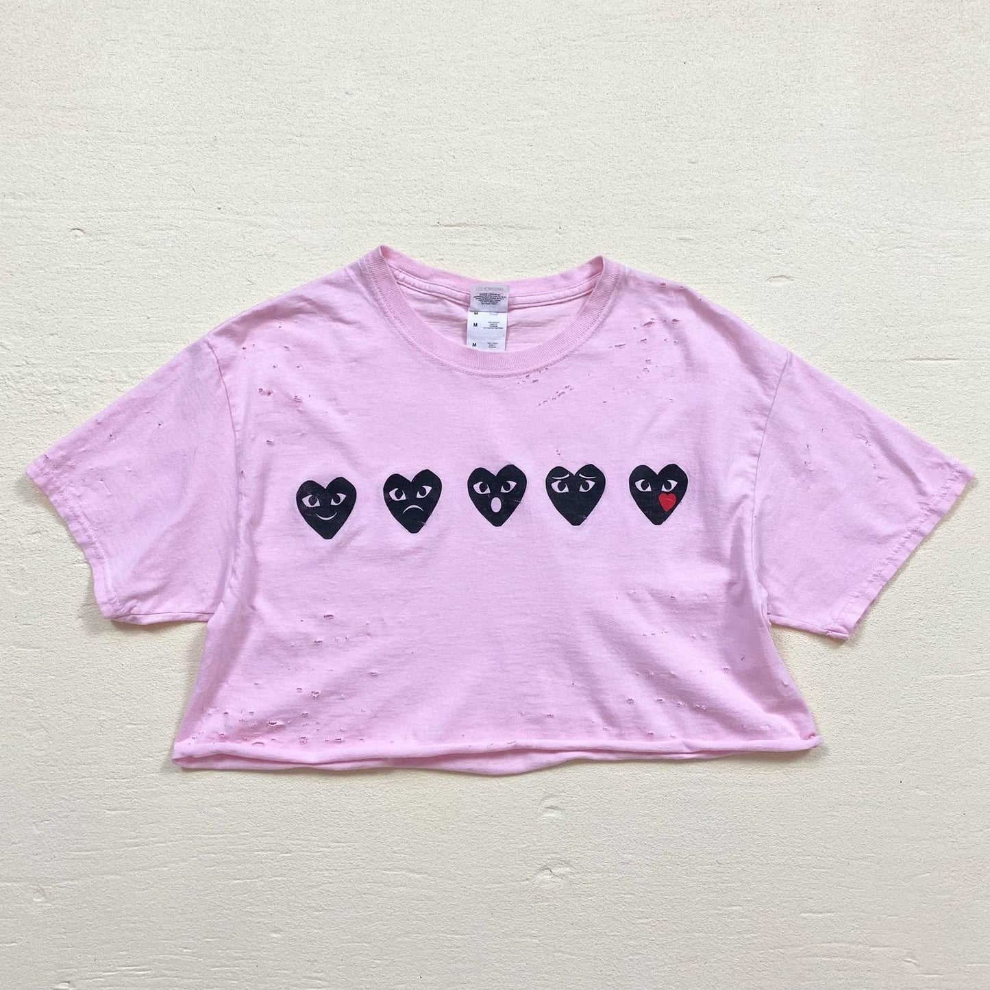 Upcycled Heart Emoji Distressed Crop Pink Graphic Tee