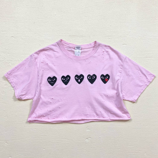 Upcycled Heart Emoji Distressed Crop Pink Graphic Tee