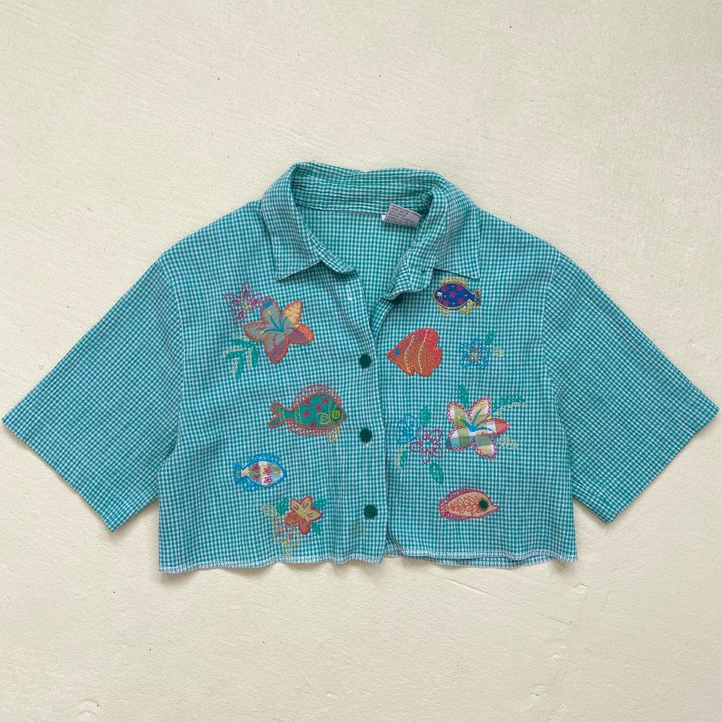 Upcycled Vintage Crop Embroidered Shirt, Size Small