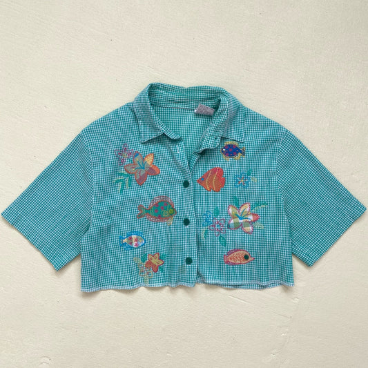 Upcycled Vintage Crop Embroidered Shirt, Size Small