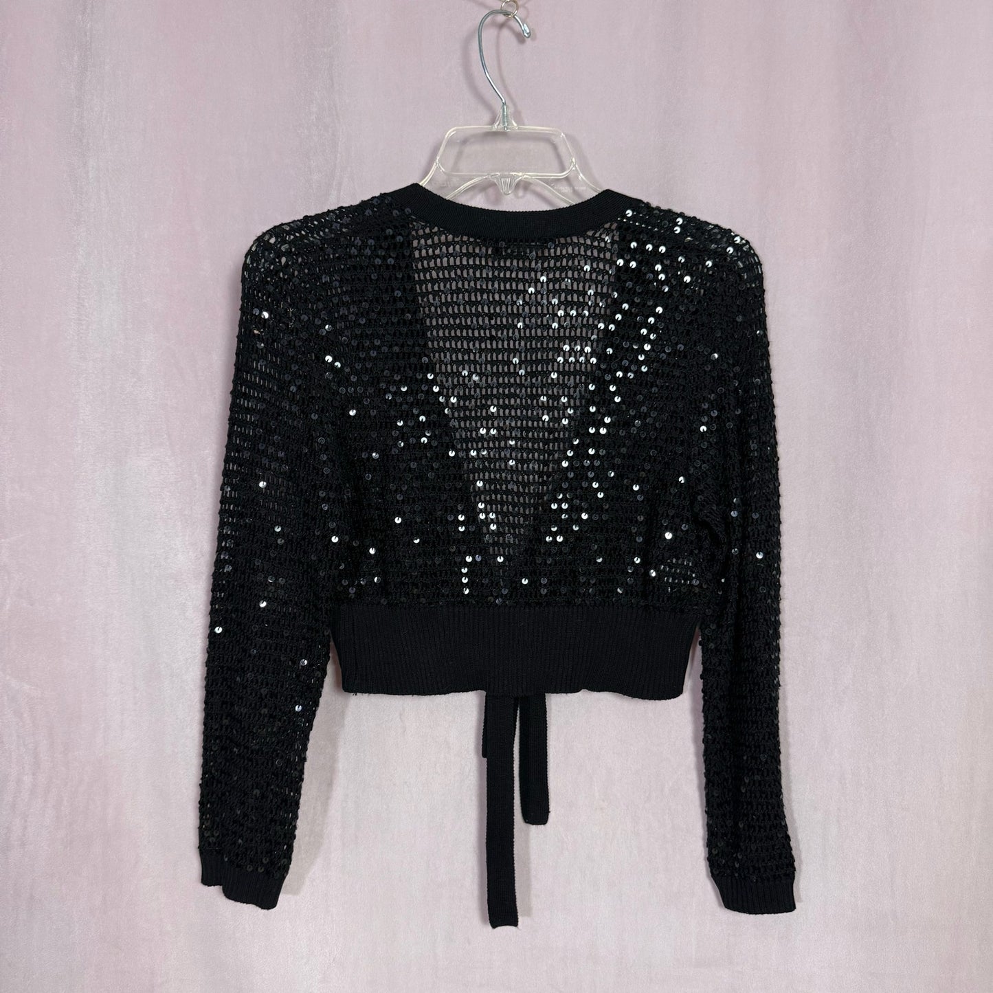 Secondhand BCBGMaxazria Sequins Silk Crochet Crop Black Cardigan, Size Medium