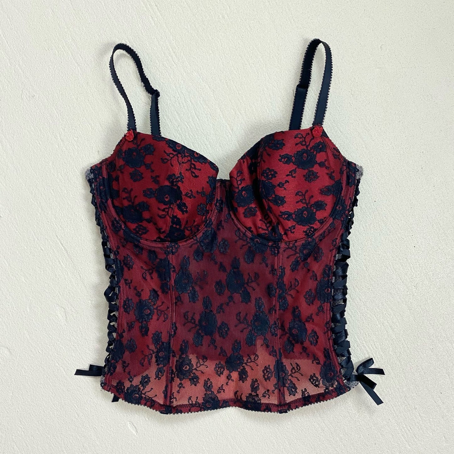 Vintage Red & Black Mesh Lace Corset Top